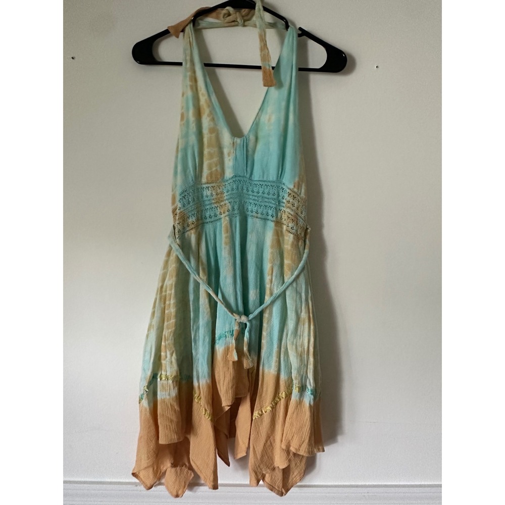 Shoreline Tie Dye Halter Dress Turquoise Tan Crochet Lace Boho Festival OS Xs/s